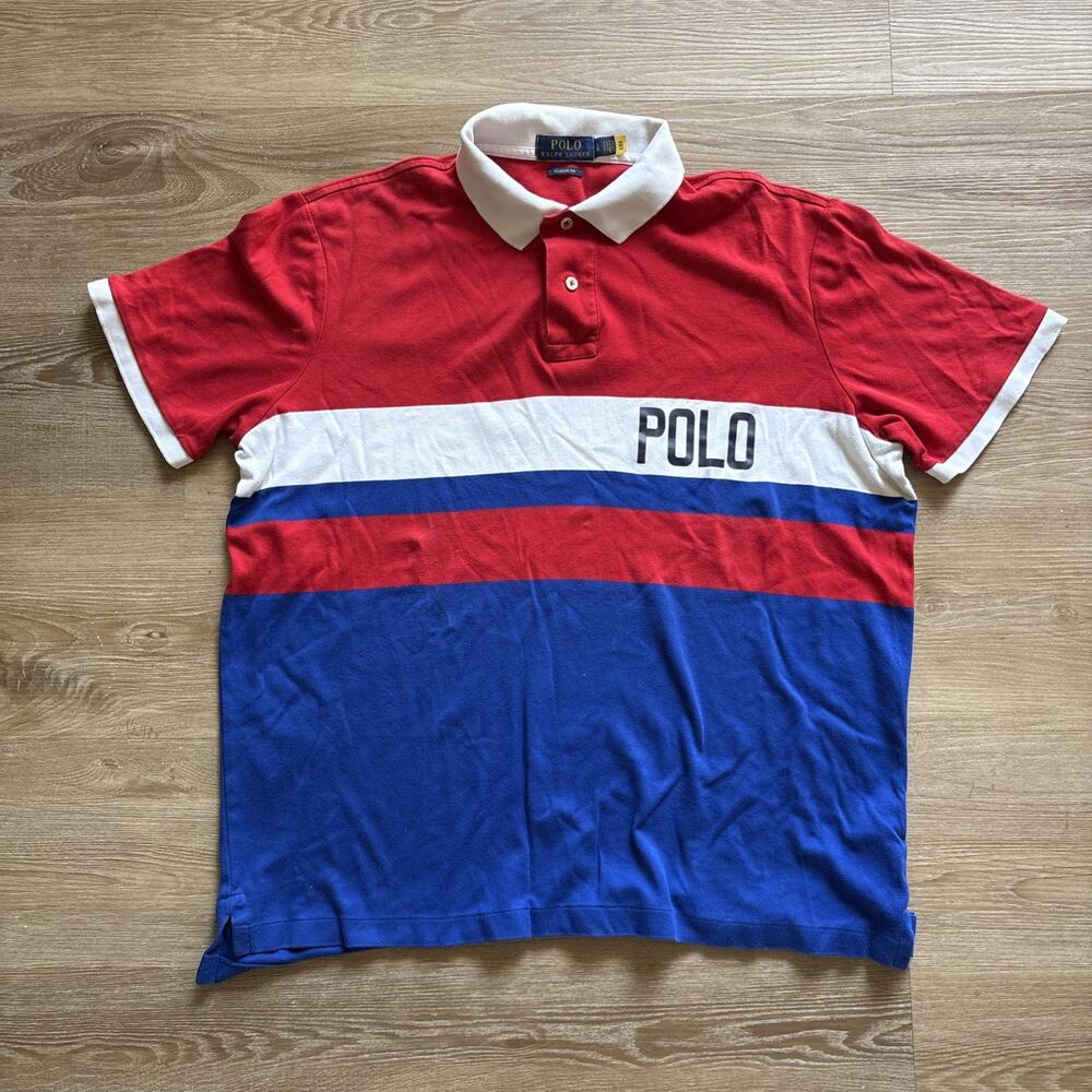 Polo Ralph Lauren Classic Fit Shirt Blue Red White Colorblock Spellout Men's L